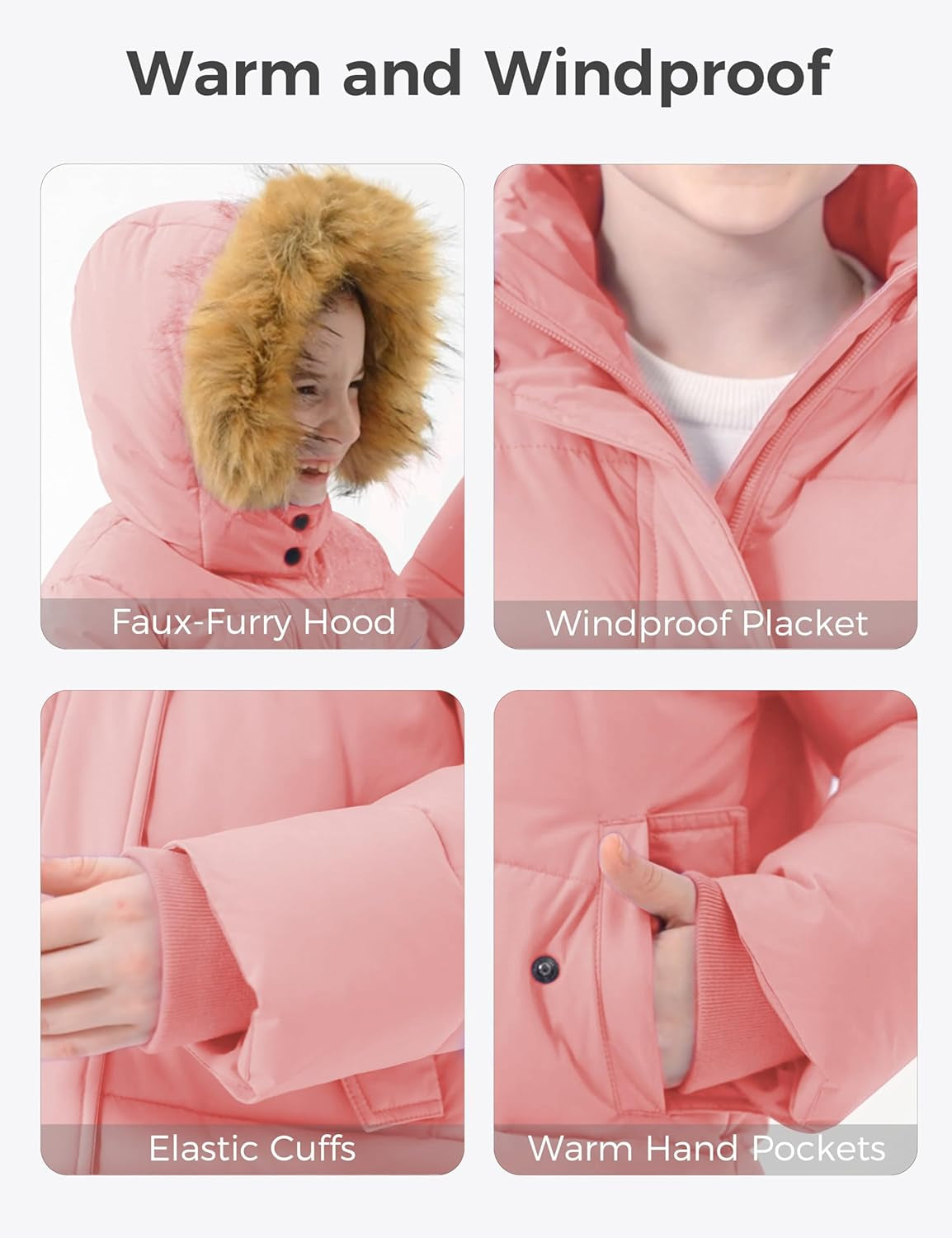 Girl'S Winter Jacket Long Puffer Coat Fleece Outerwear Jacket with Hood Water Resistant
