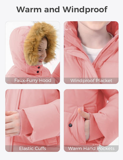 Girl'S Winter Jacket Long Puffer Coat Fleece Outerwear Jacket with Hood Water Resistant